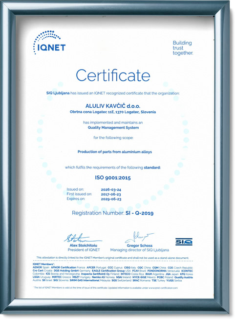 Aluliv Kavčič certifikat ISO 9001:2015 IQNet